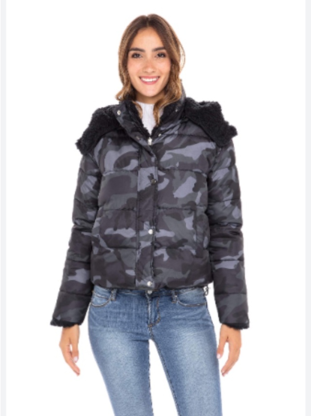 Mossimo Supply Co. Black & Gray Camo Sherpa-Trim Puffer Jacket